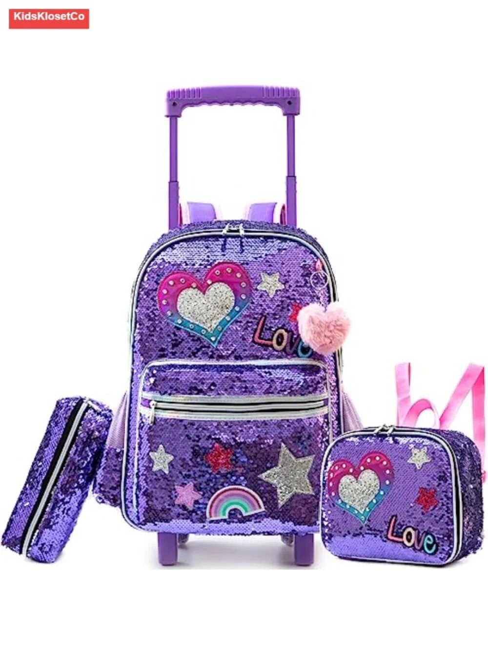 Rolling Backpack with Wheels for Kids Sequin Girls School Luggage with Lunch